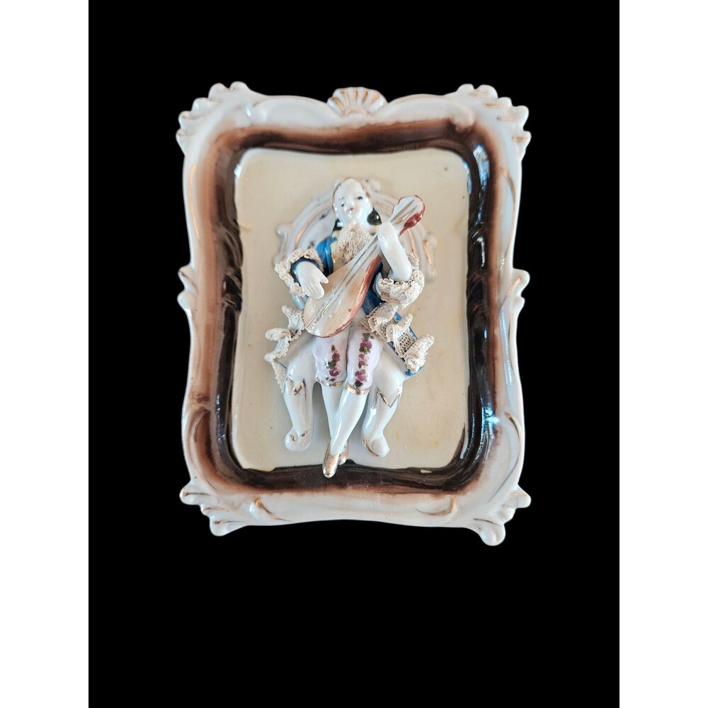 Vintage Porcelain Wall Plaque, Victorian-Style Gentleman with Mandolin